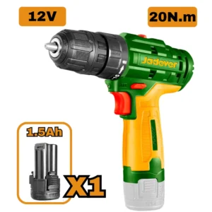 Taladro Inalámbrico JADEVER 12V 1500 RPM con Batería 1.5Ah – 20Nm, 2 Velocidades, LED Integrado